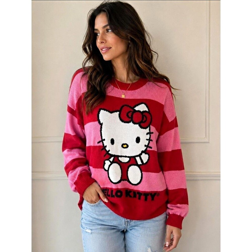 Sanrio Hello Kitty Striped Sweater MEDIUM Preppy School Academia Barbie Pink Red